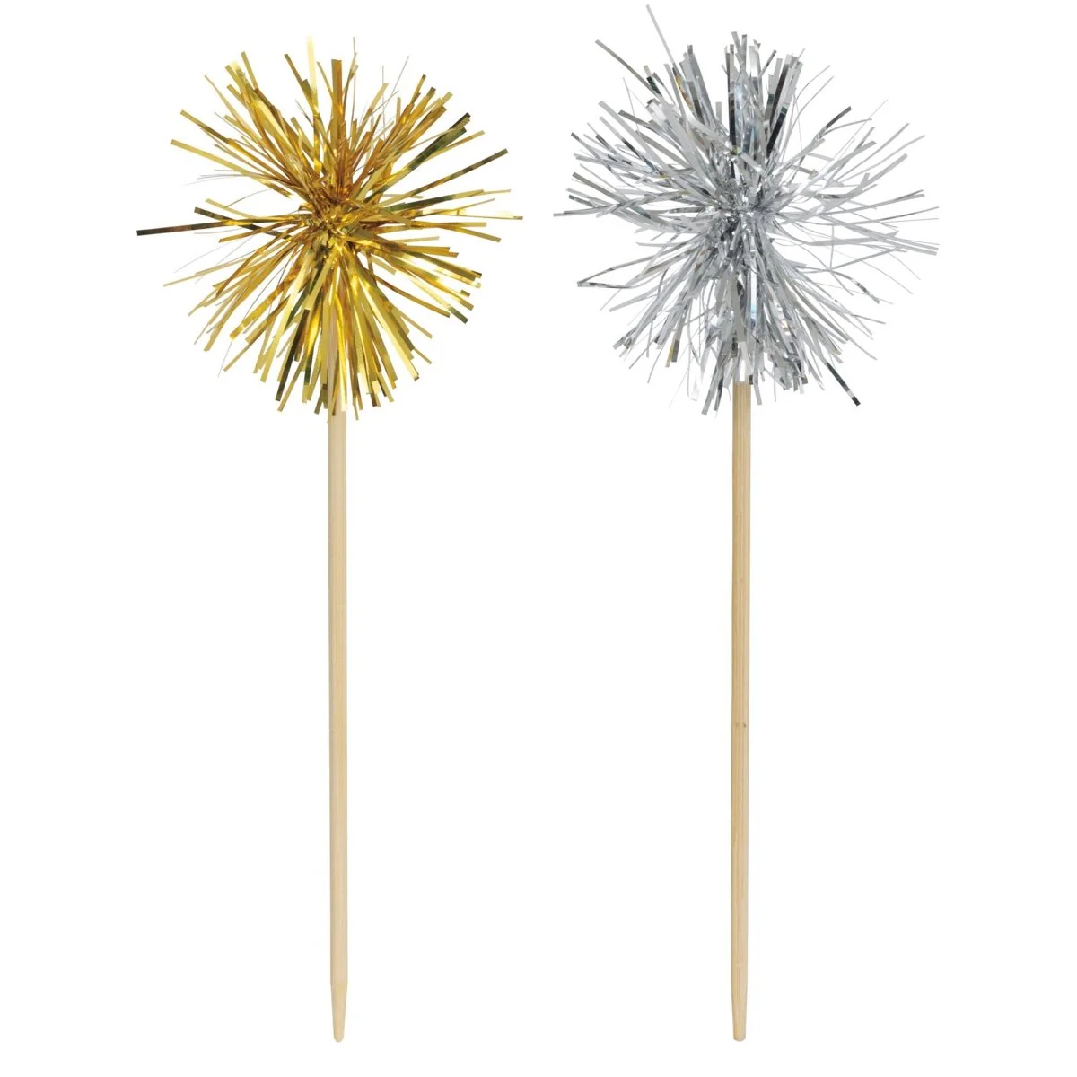 Tinsel Pom Pom Bamboo Drink Stirrers, Gold and Silver, 8 Count