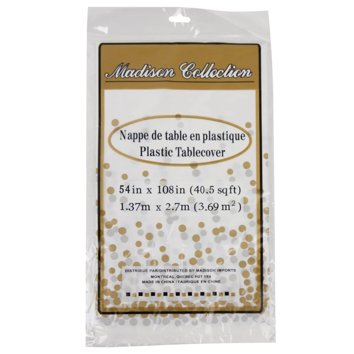 White Plastic Table Cover with Gold and Silver Dots, 54 x 108 Inches, 1 Count