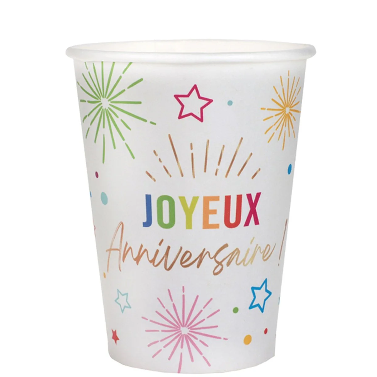 White "Joyeux Anniversaire" Paper Cups, 9 Oz, 6 Count