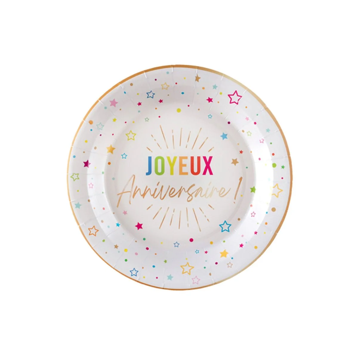 White "Joyeux Anniversaire" Round Dessert Paper Plates, 7 Inches, 6 Count