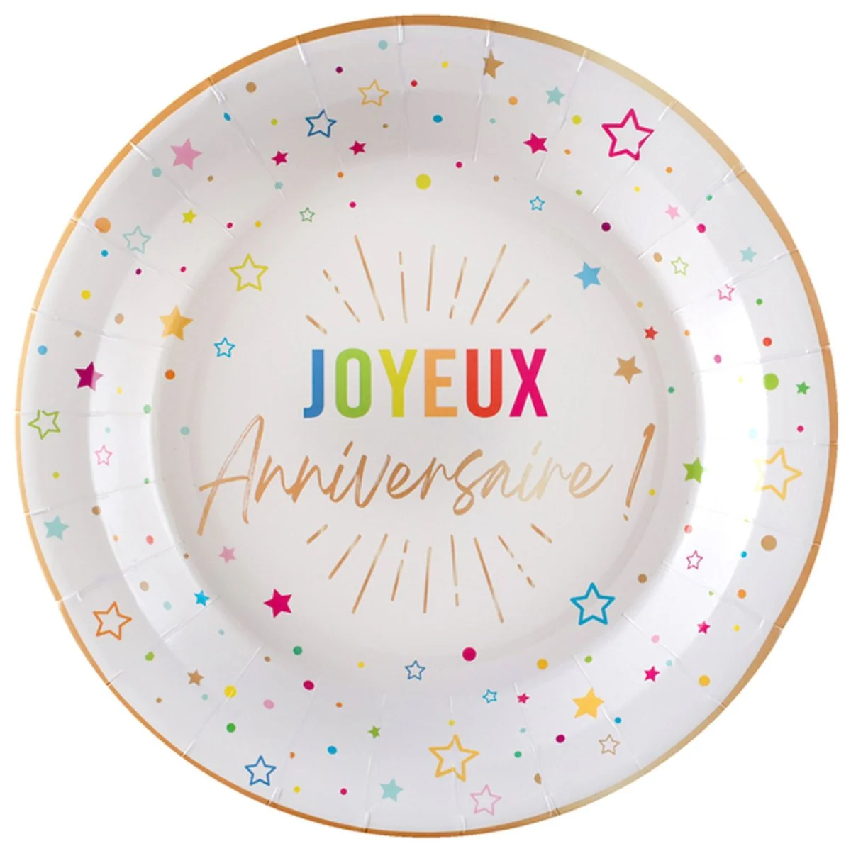 White "Joyeux Anniversaire" Round Lunch Paper Plates, 9 Inches, 6 Count