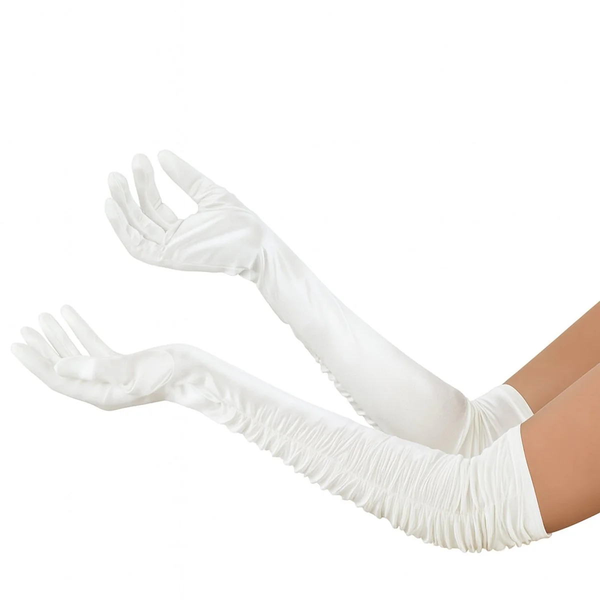 White Long Ruched Satin Gloves for Adults