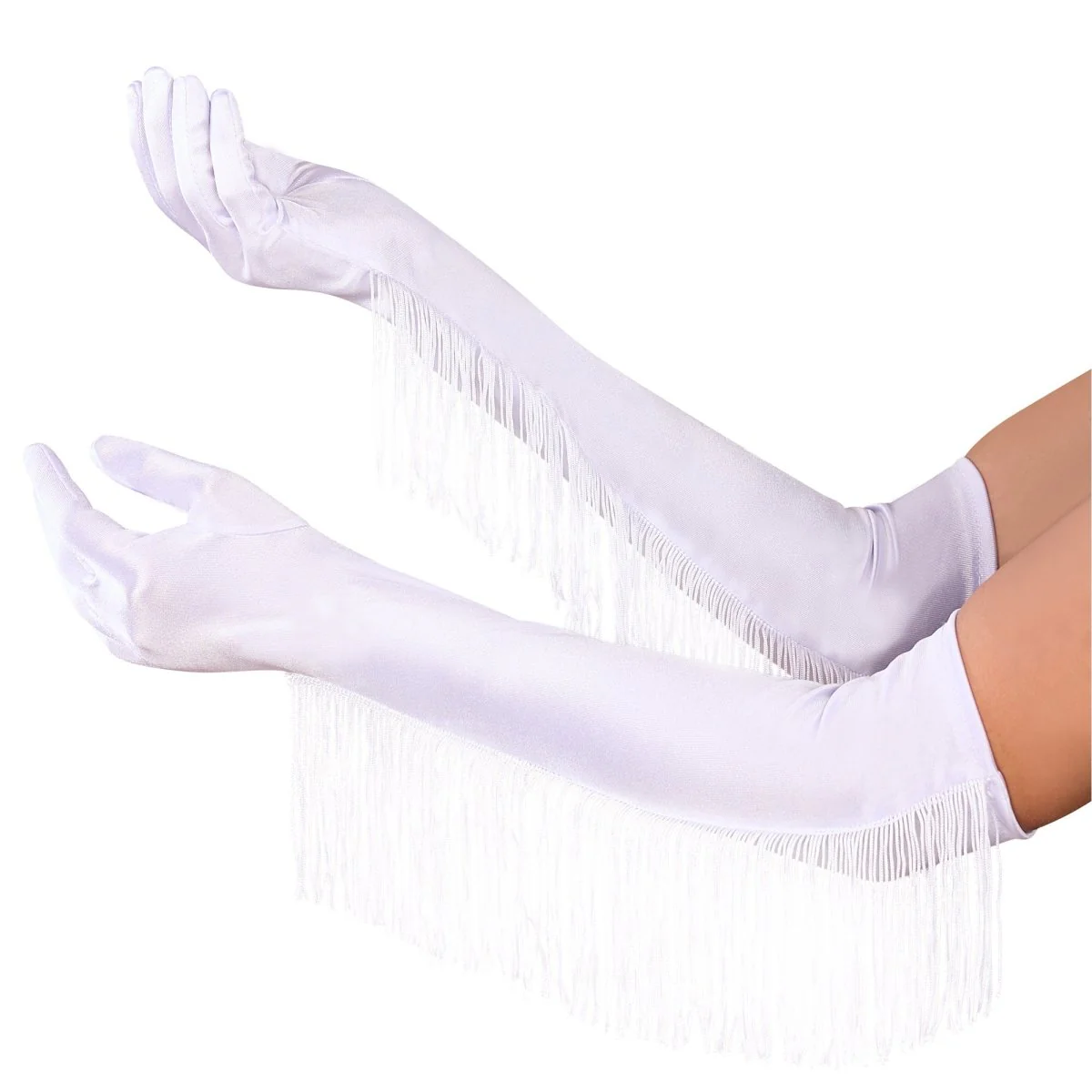 White Long Satin Gloves with Fringes for Adults