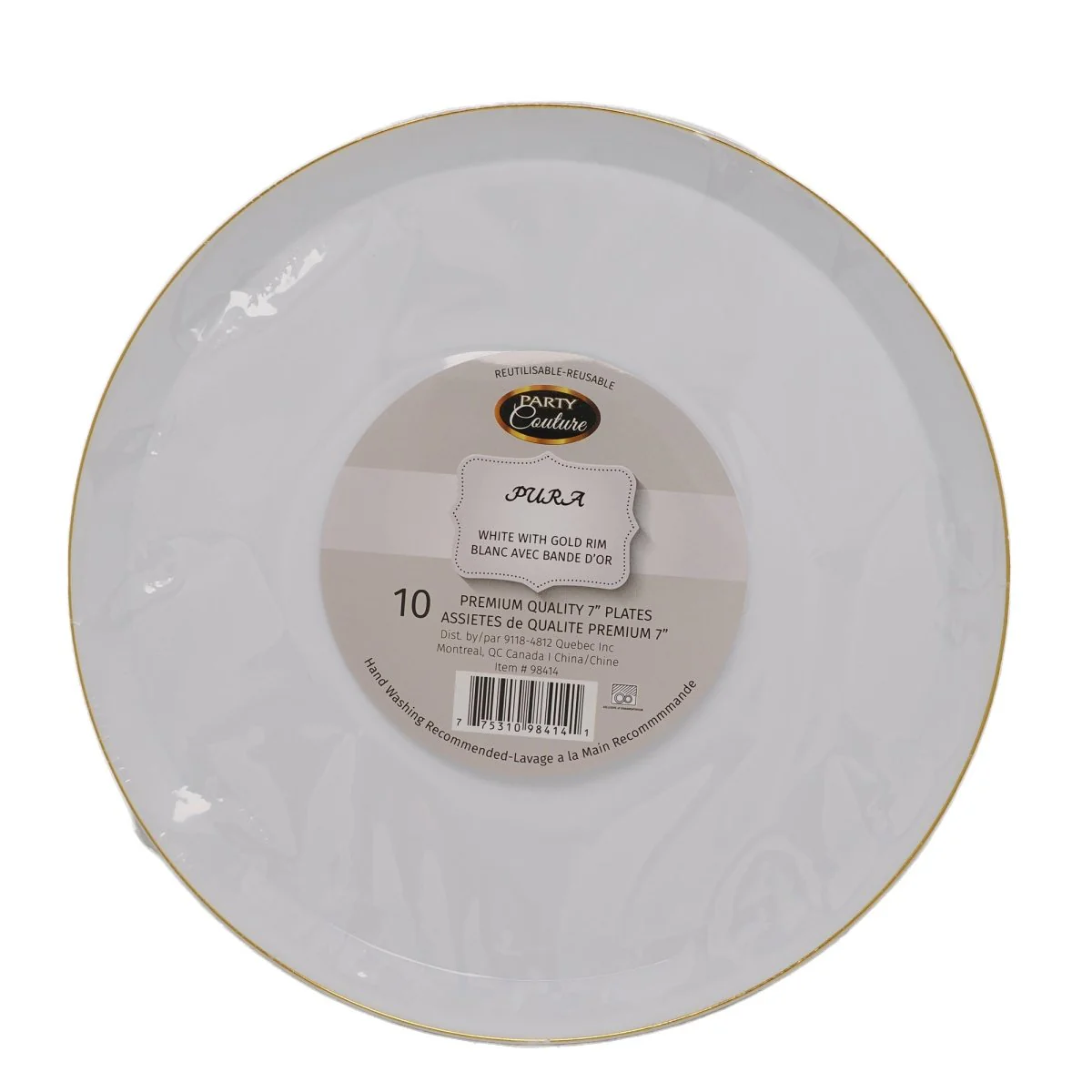 White Premium Quality Round Dessert Plastic Plates with Gold Rim, 7 Inches, 10 Count