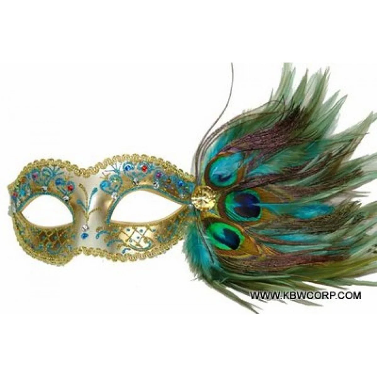 Teal Venetian Mask with Side Feather, 1 Count