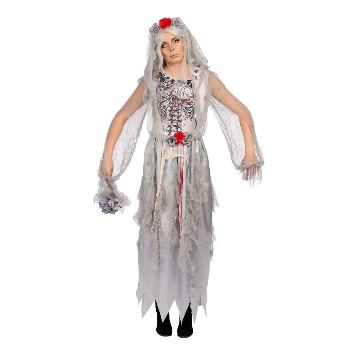 Zombie Bride Costume for Adults, Grey Dress