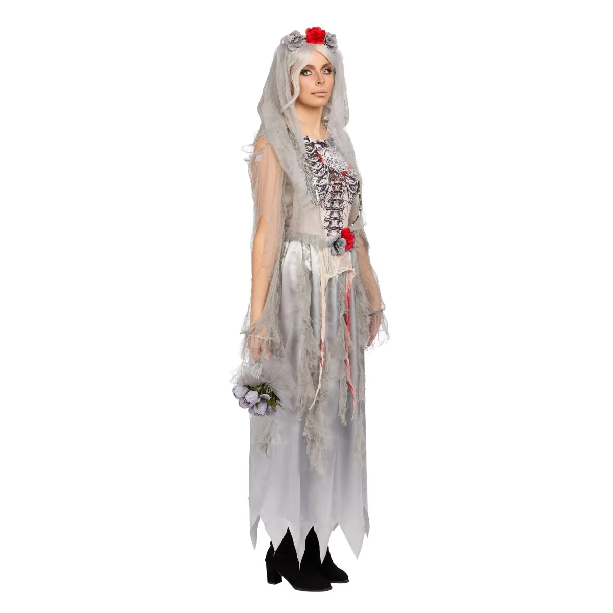 Zombie Bride Costume for Adults, Grey Dress - Image 2