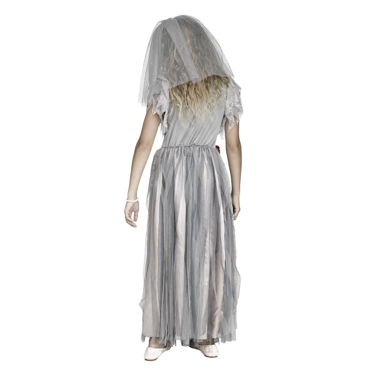 Zombie Bride Costume for Kids, Grey Gown and Veil - Image 2